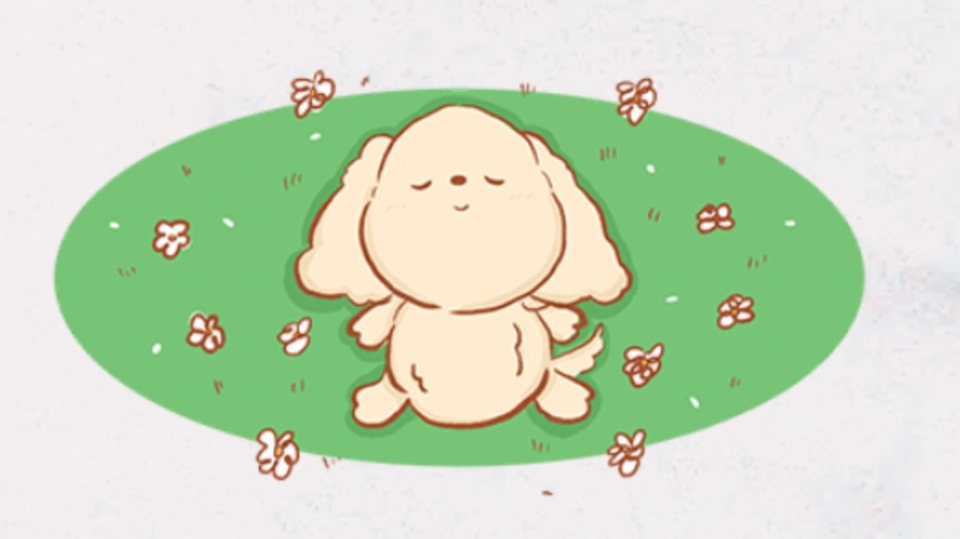 วาดภาพประกอบสัตว์เลี้ยงน่ารัก สุนัข นอนหลับบนสนามหญ้า
