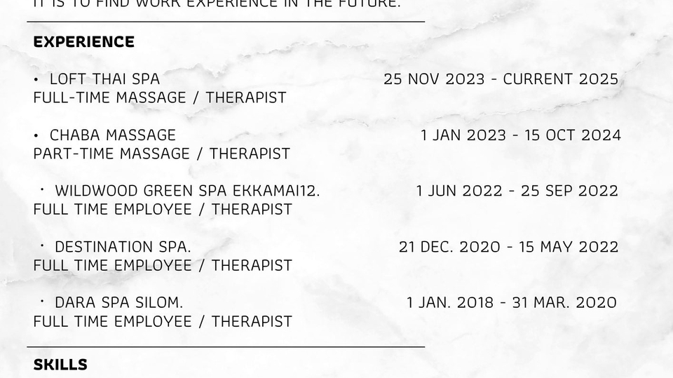 รับทำเรซูเม่ภาษาอังกฤษ สวยงาม ประสบการณ์ทำงานสปา