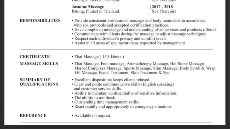 รับทำเรซูเม่ภาษาอังกฤษสำหรับสปาเทอราปิสต์