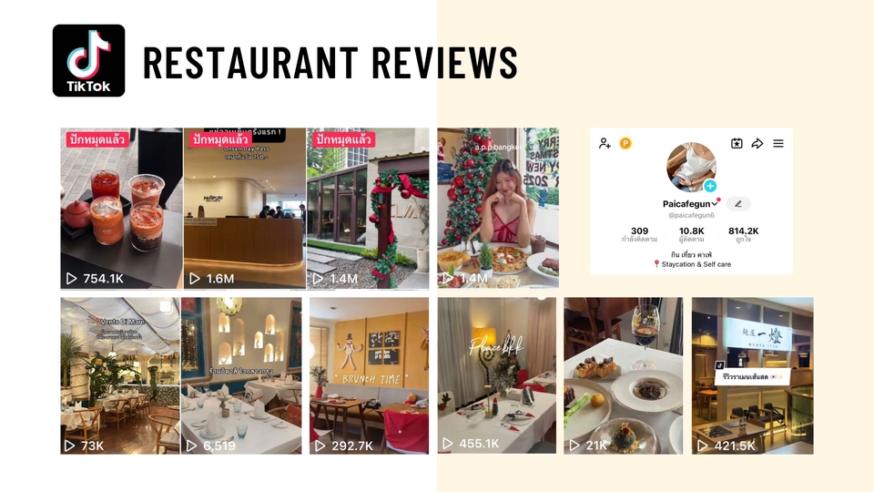 ภาพหน้าจอรีวิวร้านอาหารบน TikTok โดยบล็อกเกอร์รีวิวอาหาร พร้อมจำนวนผู้ชมและยอดไลก์มากมาย มองหาอินฟลูเอนเซอร์รีวิวอาหารบน TikTok รับรีวิวร้านอาหาร เน็ตไอดอลรีวิวอาหาร จ้างรีวิวร้านอาหาร บล็อกเกอร์อาหาร กรุงเทพฯ เชียงใหม่ ภูเก็ต โคราช ชลบุรี