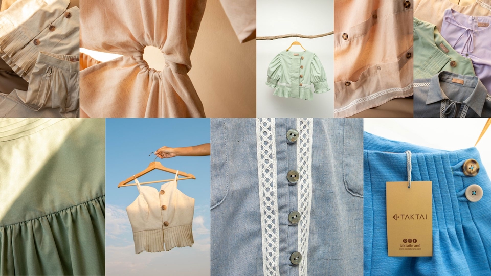 ถ่ายภาพ เสื้อผ้ามีกระดุม, เสื้อครอป, กระโปรง, และเสื้อผ้าสีพาสเทล พร้อมดีไซน์สวยๆ สำหรับโฆษณาขายของ