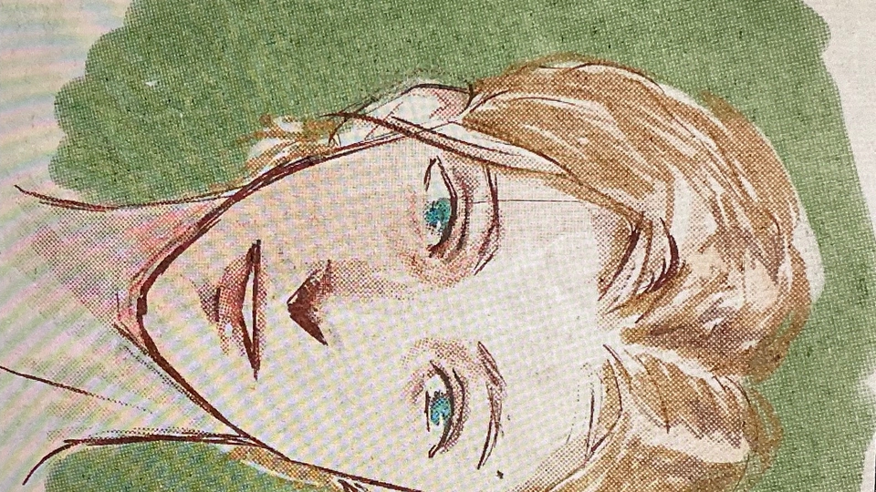 ภาพวาดหญิงผมสั้นสีทอง พร้อมนัยน์ตาสีเขียวน้ำทะเล