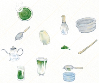 วาดภาพประกอบเครื่องมือชงชาเขียวมัทฉะ