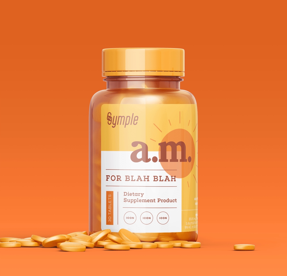 รับออกแบบบรรจุภัณฑ์: ภาพออกแบบแพคเกจจิ้งอาหารเสริมแบบขวด พร้อมเม็ดยาและฉลากสินค้าสวยงาม โทนสีส้ม ออกแบบผลิตภัณฑ์อาหารเสริมคุณภาพดี พร้อมโลโก้แบรนด์ และบริการออกแบบฉลากอาหาร ออกแบบบรรจุภัณฑ์ขนม ออกแบบกล่องอาหารเสริม
