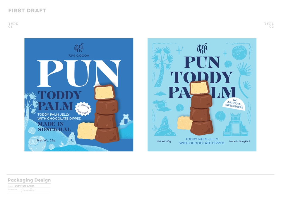 รับออกแบบแพคเกจจิ้งขนม "ปัน" (Pun) สำหรับขนมทอดดี้ปาล์ม ออกแบบบรรจุภัณฑ์อาหาร ขนมหวาน โทนสีฟ้า น่ารัก ออกแบบกล่องขนม สวยงาม รับออกแบบแพคเกจ ออกแบบบรรจุภัณฑ์อาหารไทย ออกแบบ packaging อาหาร ราคาถูก