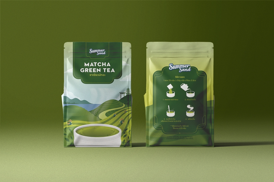 รับออกแบบแพคเกจจิ้ง ออกแบบผลิตภัณฑ์ชาเขียวมัทฉะ Summer Sand บรรจุภัณฑ์สวยงาม ดีไซน์โดดเด่นสะดุดตา พร้อมคำแนะนำวิธีชงชาที่ด้านหลัง ออกแบบบรรจุภัณฑ์อาหาร ออกแบบแพคเกจจิ้งอาหาร ออกแบบกล่องสินค้า สติ๊กเกอร์อาหาร แพคเกจจิ้งสำเร็จรูป