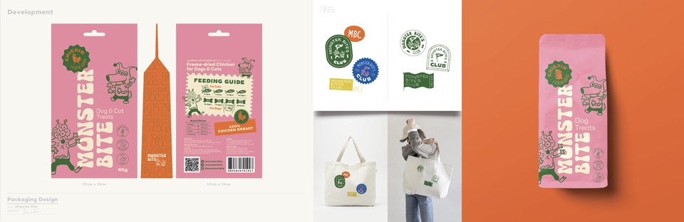 รับออกแบบแพคเกจจิ้งขนม ออกแบบบรรจุภัณฑ์ขนมสีชมพู พร้อมโลโก้ "MONSTER BITE" และการออกแบบสติ๊กเกอร์อาหารและถุงผ้า, รับออกแบบแพคเกจจิ้ง, ออกแบบแพคเกจ, ออกแบบ packaging, ออกแบบถุงขนม, ออกแบบห่อขนม, ออกแบบกล่องขนม, สติ๊กเกอร์ขนม