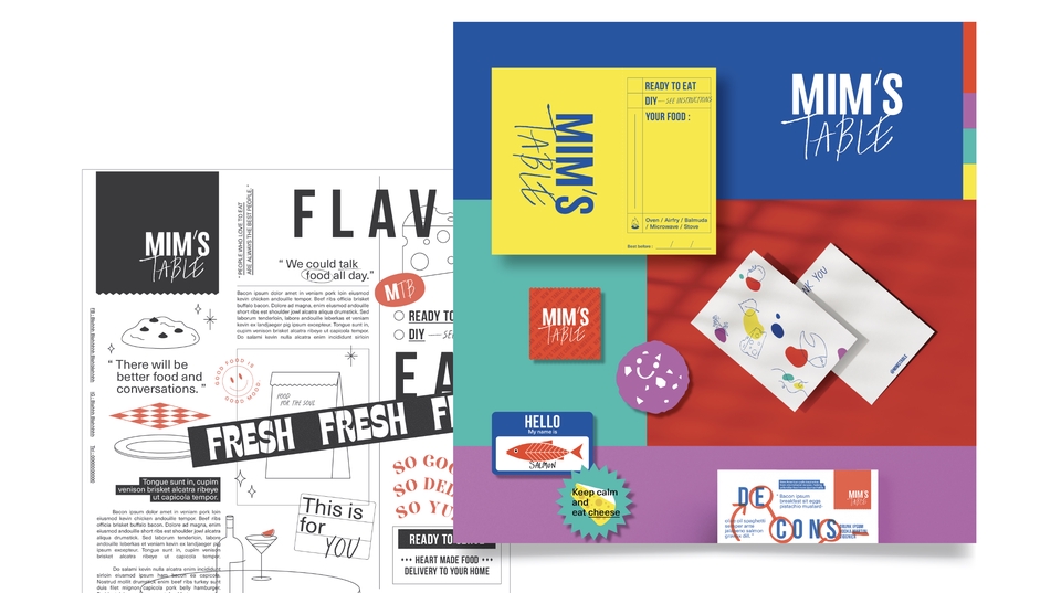 รับออกแบบบรรจุภัณฑ์: ตัวอย่างการออกแบบแพคเกจจิ้งอาหารที่ทันสมัยและสวยงาม พร้อมโลโก้ MIM'S TABLE มีการใช้สีสันสดใส, ออกแบบกล่องอาหาร, ออกแบบฉลากสินค้า, ออกแบบ packaging, ออกแบบแพคเกจจิ้งอาหาร, รับออกแบบผลิตภัณฑ์