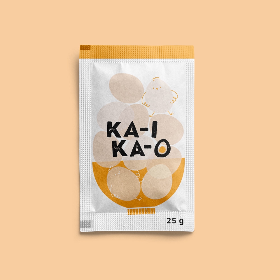 รับออกแบบแพคเกจจิ้งขนม ออกแบบซองขนมสวยงาม KA-I KA-O ขนาด 25 กรัม พร้อมภาพวาดไข่น่ารักๆ ช่วยเพิ่มความน่าสนใจให้กับสินค้า เหมาะสำหรับผู้ที่ต้องการออกแบบบรรจุภัณฑ์อาหาร, ออกแบบบรรจุภัณฑ์ขนม, ออกแบบกล่องขนม, ออกแบบฉลากสินค้า