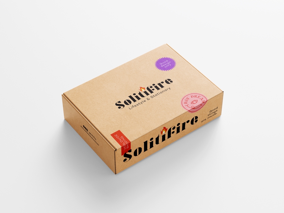 รับออกแบบบรรจุภัณฑ์: กล่องบรรจุภัณฑ์สีน้ำตาลพร้อมโลโก้ Solitifire สำหรับผลิตภัณฑ์, การออกแบบแพคเกจจิ้งที่เน้นความเรียบง่ายและเป็นมิตรกับสิ่งแวดล้อม, ออกแบบแพคเกจจิ้งขนม กล่องบรรจุภัณฑ์, ออกแบบกล่องสินค้า, packaging ดีไซน์, แพคเกจจิ้งสินค้า, รับทำแพคเกจ