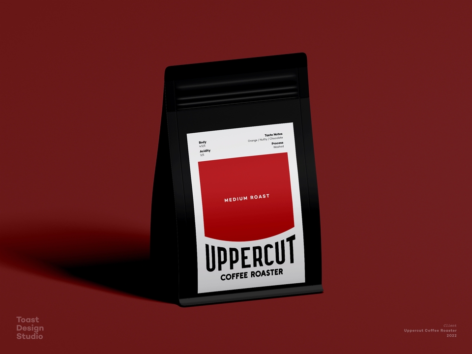รับออกแบบบรรจุภัณฑ์: ตัวอย่างการออกแบบแพคเกจจิ้งกาแฟสีดำ โดดเด่นด้วยการใช้สีแดงบนฉลากสินค้า ออกแบบแพคเกจจิ้งสวยๆ พร้อมโลโก้ Uppercut สำหรับบรรจุภัณฑ์กาแฟ ออกแบบบรรจุภัณฑ์อาหาร บริการออกแบบฉลากสินค้า ออกแบบแพคเกจ.