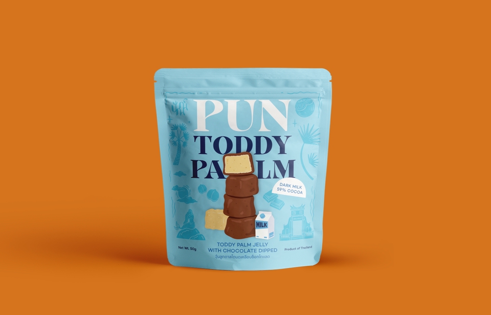 รับออกแบบแพคเกจจิ้งขนม: ภาพถ่ายบรรจุภัณฑ์ขนมปังกรอบโทดี้พัลม์แบบซองสีฟ้า ดีไซน์น่ารัก แสดงสินค้าภายในชัดเจน พร้อมข้อมูลผลิตภัณฑ์ เหมาะสำหรับผู้ที่ต้องการออกแบบแพคเกจจิ้งอาหาร ขนม ออกแบบบรรจุภัณฑ์เพื่อเพิ่มยอดขายให้กับสินค้า