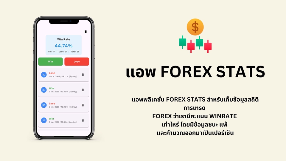 แอพ Forex Stats บันทึกสถิติเทรด FOREX ด้วย win rate บนหน้าจอโทรศัพท์ พร้อมข้อมูลสรุปผลการเทรด