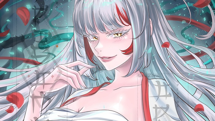 รับวาดภาพประกอบหญิงสาวผมขาว แต่งชุดญี่ปุ่นสไตล์ดิจิตอลเพ้นท์