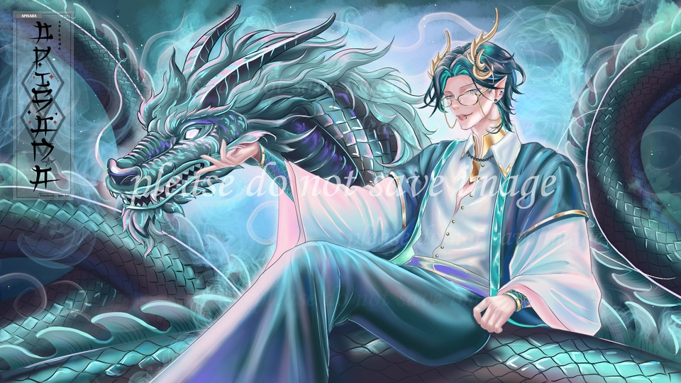 รับวาดภาพดิจิตอลเพ้นท์ ภาพประกอบเทพมังกร สีน้ำเงินเขียว