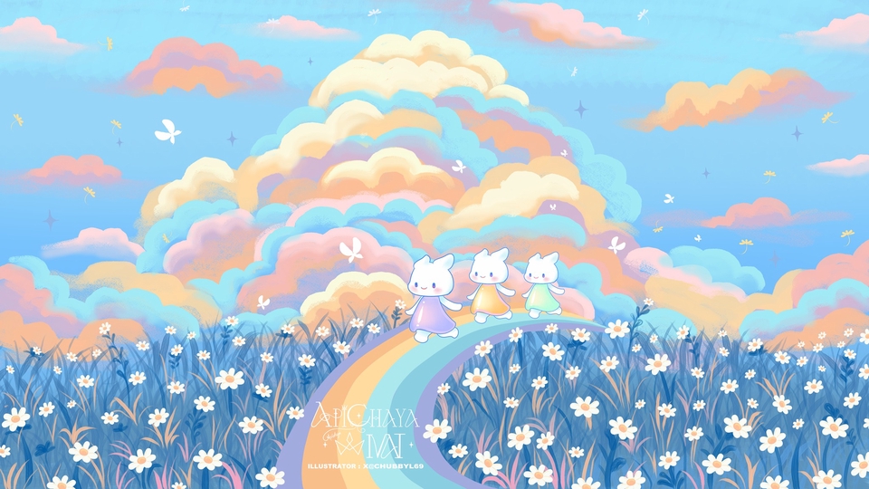 วาดภาพประกอบนิทานน่ารัก เด็กหญิงกับแมวเดินบนรุ้ง