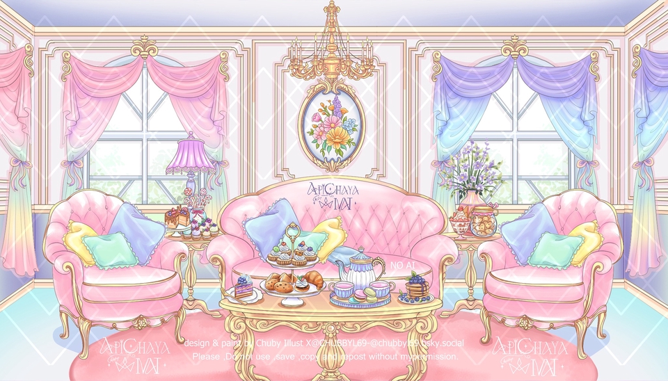 วาดภาพประกอบห้องน้ำชาหวาน ภาพประกอบดิจิตอล