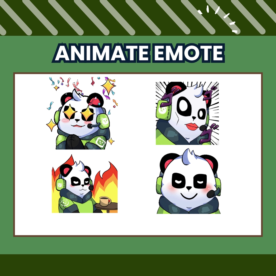 ดีไซน์คาแรคเตอร์แพนด้าในสไตล์การ์ตูนพร้อมแสดงอารมณ์ที่แตกต่างกันเหมาะสำหรับทำอีโมตในเกมส์