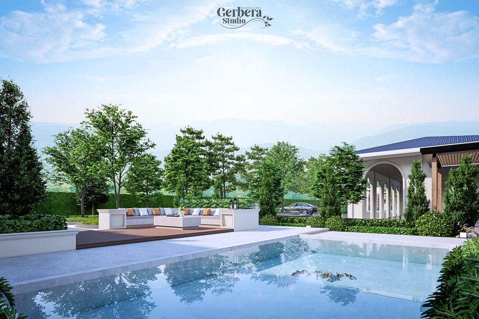 รับออกแบบภูมิทัศน์พร้อมสระว่ายน้ำสวยงาม วิวธรรมชาติ บรรยากาศร่มรื่น รับจัดสวน