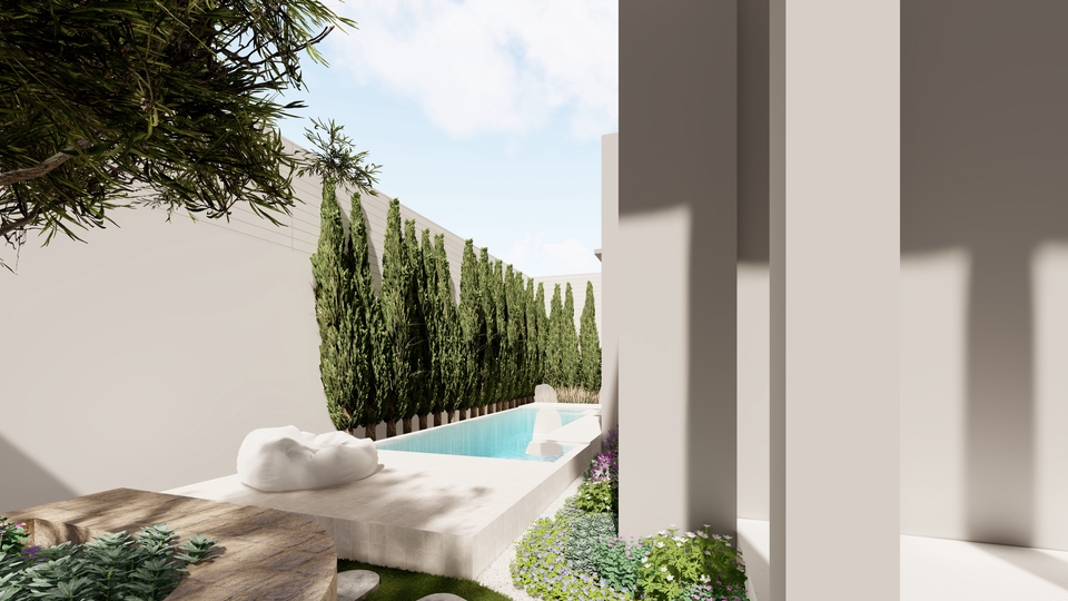 รับออกแบบภูมิทัศน์สไตล์โมเดิร์น สระว่ายน้ำ จัดสวนสวย