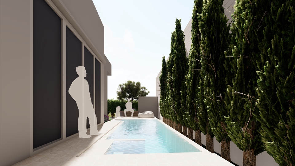 รับออกแบบภูมิทัศน์สระว่ายน้ำสวยหรู จัดสวนสไตล์โมเดิร์น