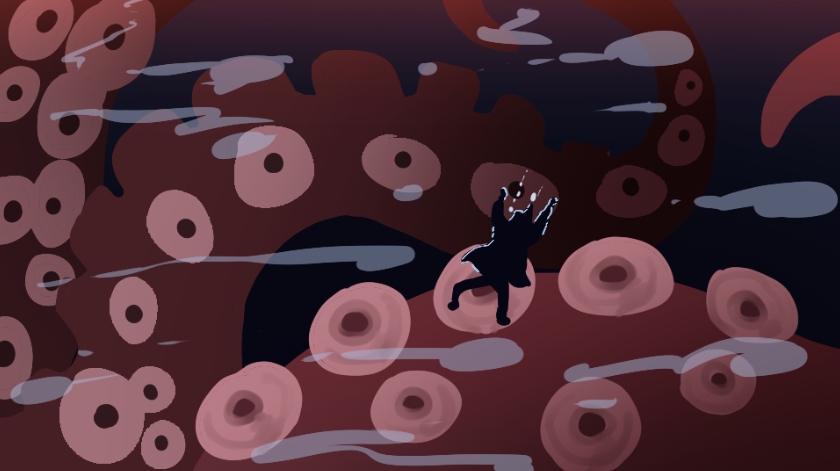 รับทำอนิเมชั่นใต้น้ำ 3D ตัวละครต่อสู้กับปลาหมึกยักษ์