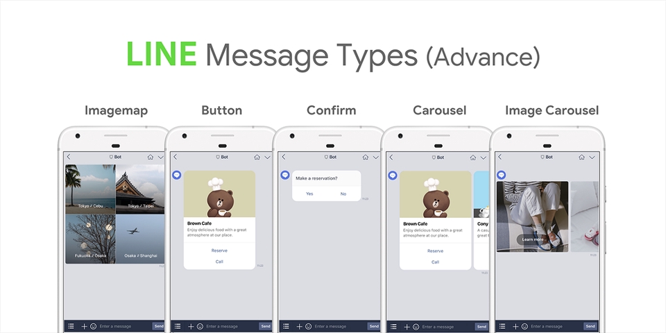 แชทบอท facebook แสดงประเภทข้อความขั้นสูงใน LINE เช่น Imagemap, Button, Confirm, Carousel