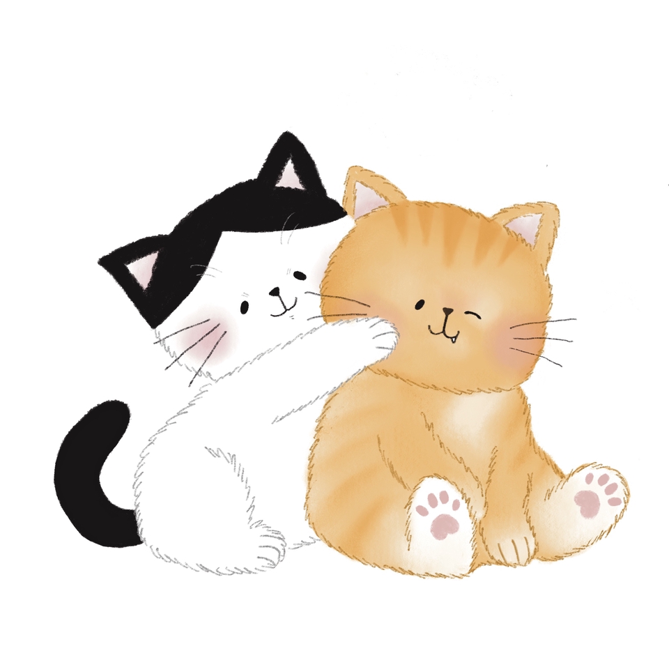 รับวาดการ์ตูนน่ารัก ภาพวาดการ์ตูนแมวสองตัวกอดกัน สไตล์มินิมอล