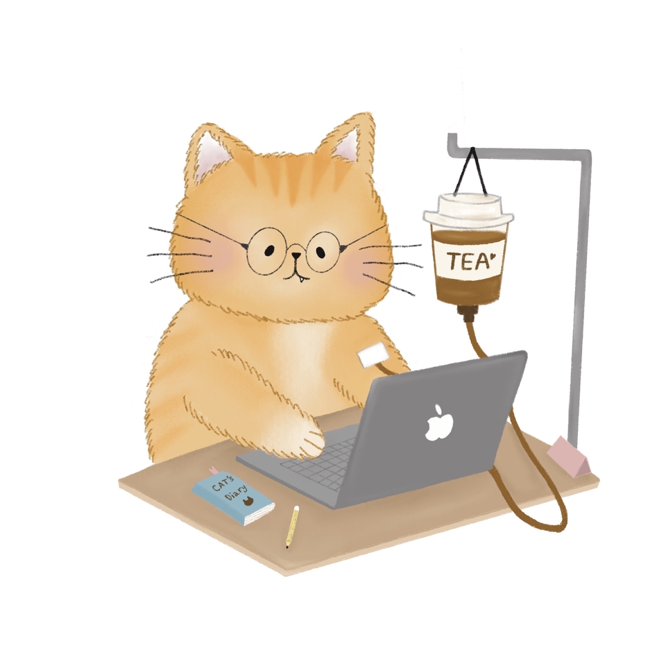 รับวาดการ์ตูนน่ารัก สไตล์มินิมอล  แมวน่ารักทำงานกับคอม