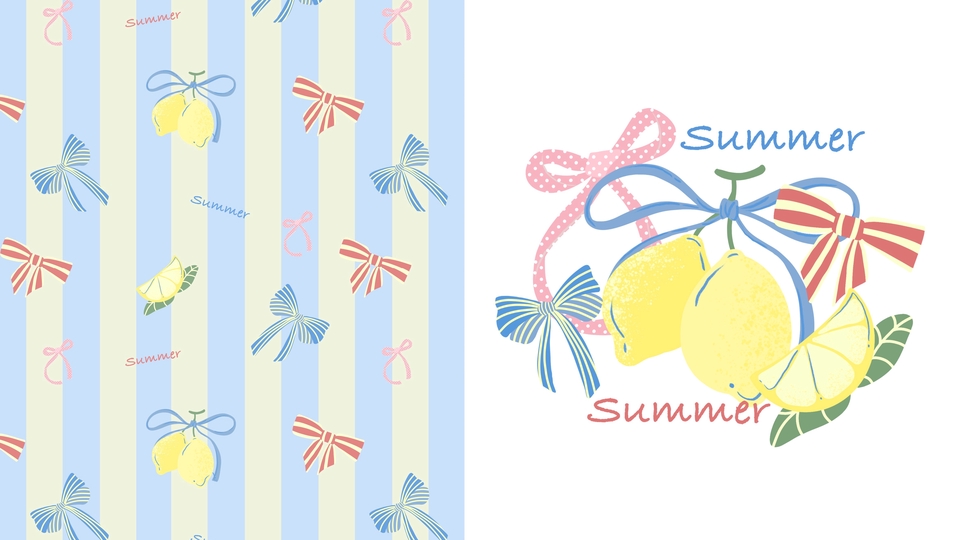 ลายผ้าซัมเมอร์ เลมอนและโบว์ โทนพาสเทล วาดมือ ออกแบบลายผ้าแนว Summer pastel เลมอน โบว์ สไตล์หวานสดใส