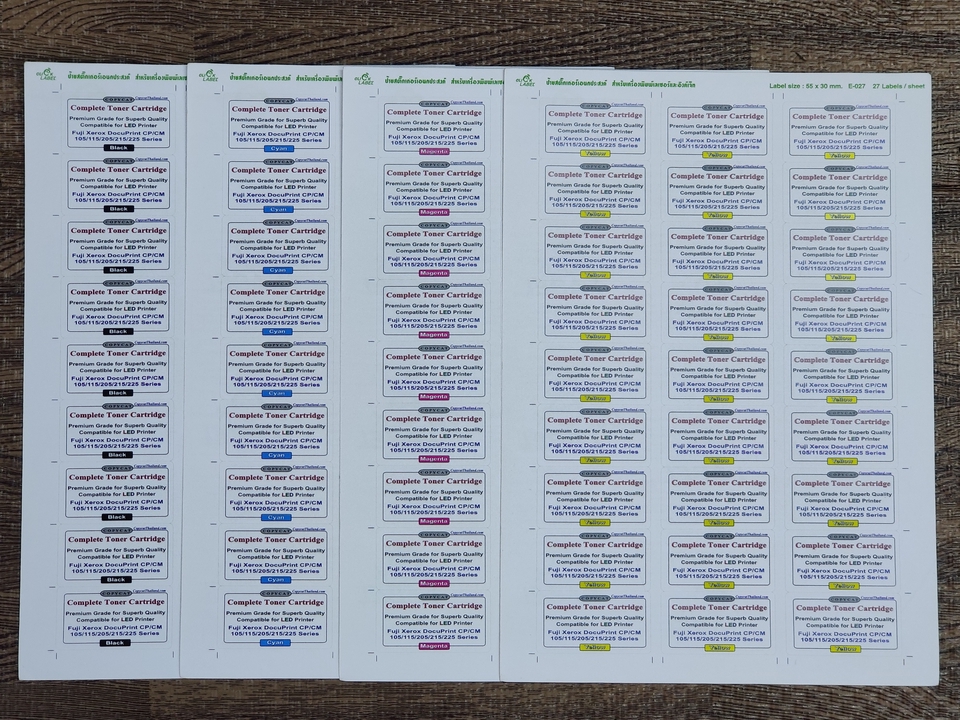 สติกเกอร์กระดาษไดคัทผิวด้าน ขนาด 55x30 มม. พิมพ์เลเซอร์สี่สี ลงบนกระดาษ A4 แต่ละหน้าไม่ซ้ำกันได้
