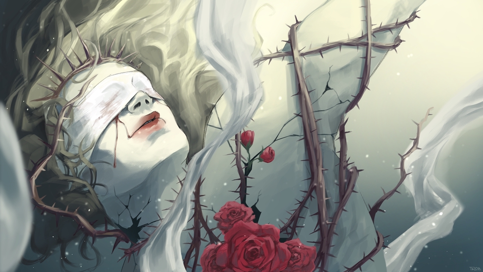 วาดภาพประกอบดิจิตอล  หญิงสาวตาบอดพันด้วยหนามกุหลาบ