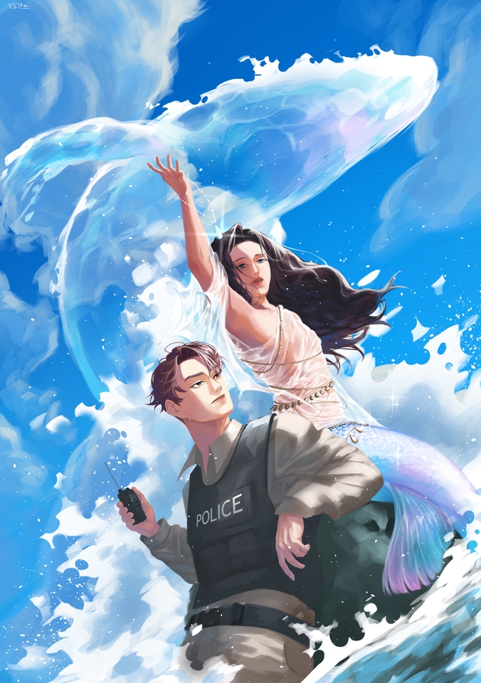 รับวาดภาพประกอบดิจิตอล เพ้นท์ภาพเทพทะเลสวยงาม