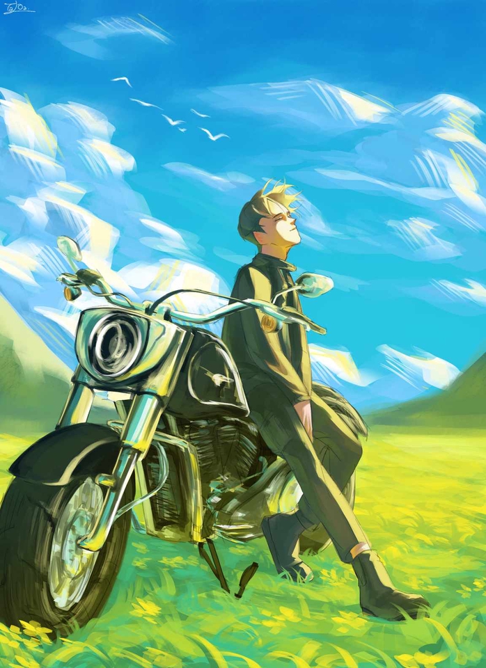 วาดภาพประกอบดิจิตอลเพ้นท์ชายหนุ่มกับมอเตอร์ไซค์