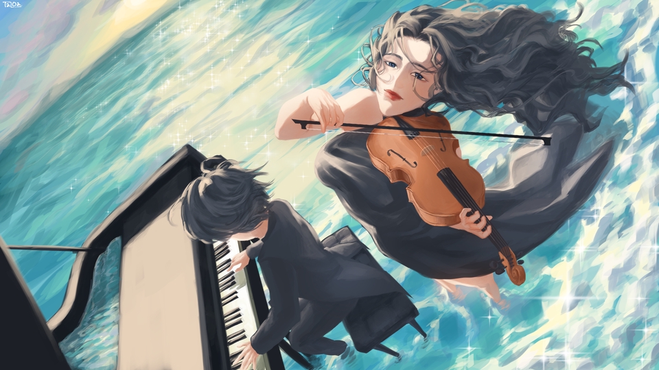 รับวาดภาพประกอบดนตรี ภาพวาดดิจิตอล ผู้หญิงเล่นไวโอลิน ผู้ชายเล่นเปียโน  ทะเล