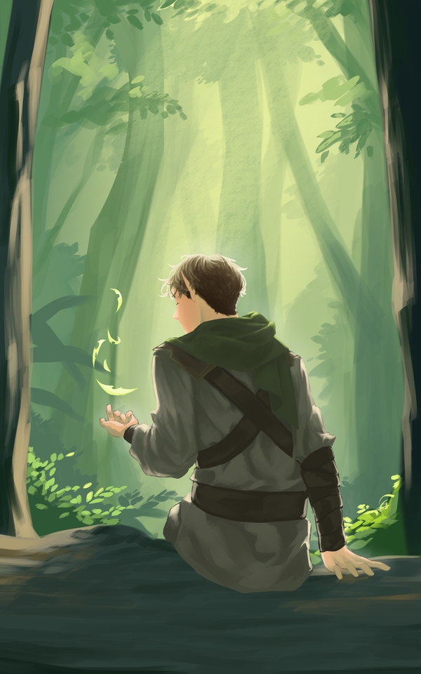 วาดภาพประกอบดิจิตอลเพ้นท์ชายหนุ่มในป่า