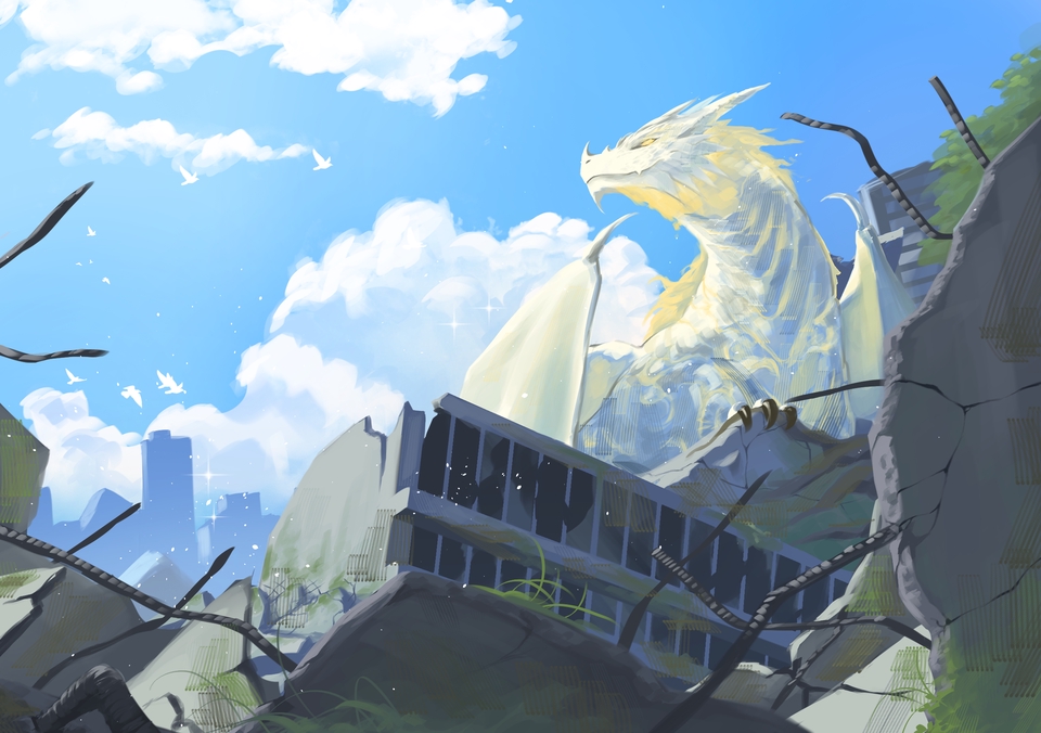 รับวาดภาพดิจิตอลเพ้นท์มังกรขาวลายเส้นสวยงาม  ภาพประกอบนิยายแฟนตาซี