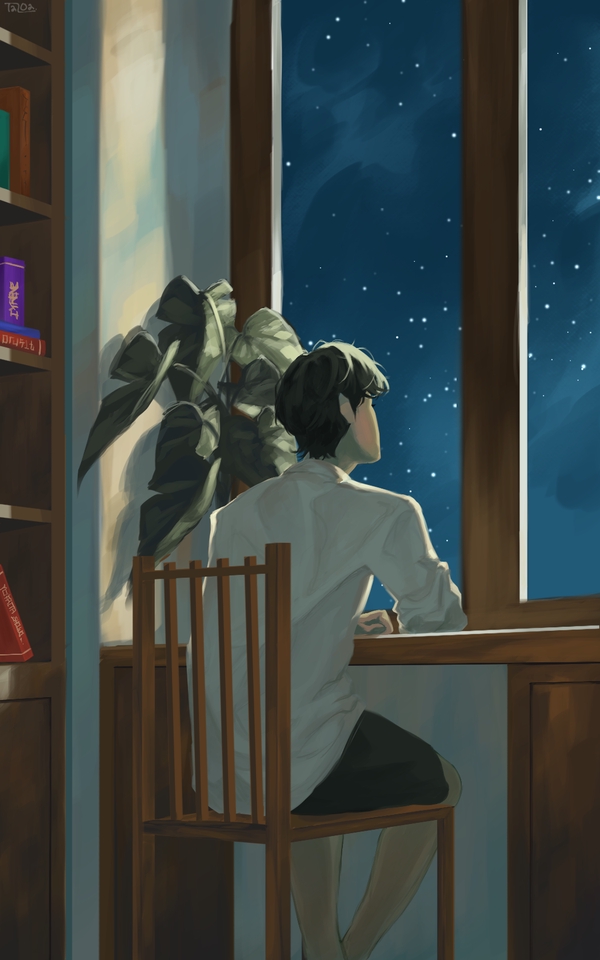 วาดภาพประกอบดิจิตอล  ชายหนุ่มมองดูดาว