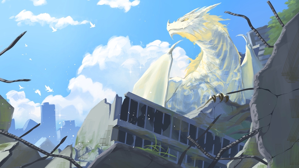 วาดภาพประกอบดิจิตอล มังกรขาว อาคารร้าง