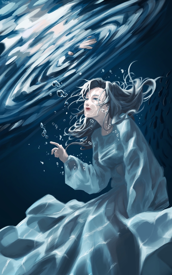 วาดภาพประกอบดิจิตอลหญิงสาวใต้น้ำ