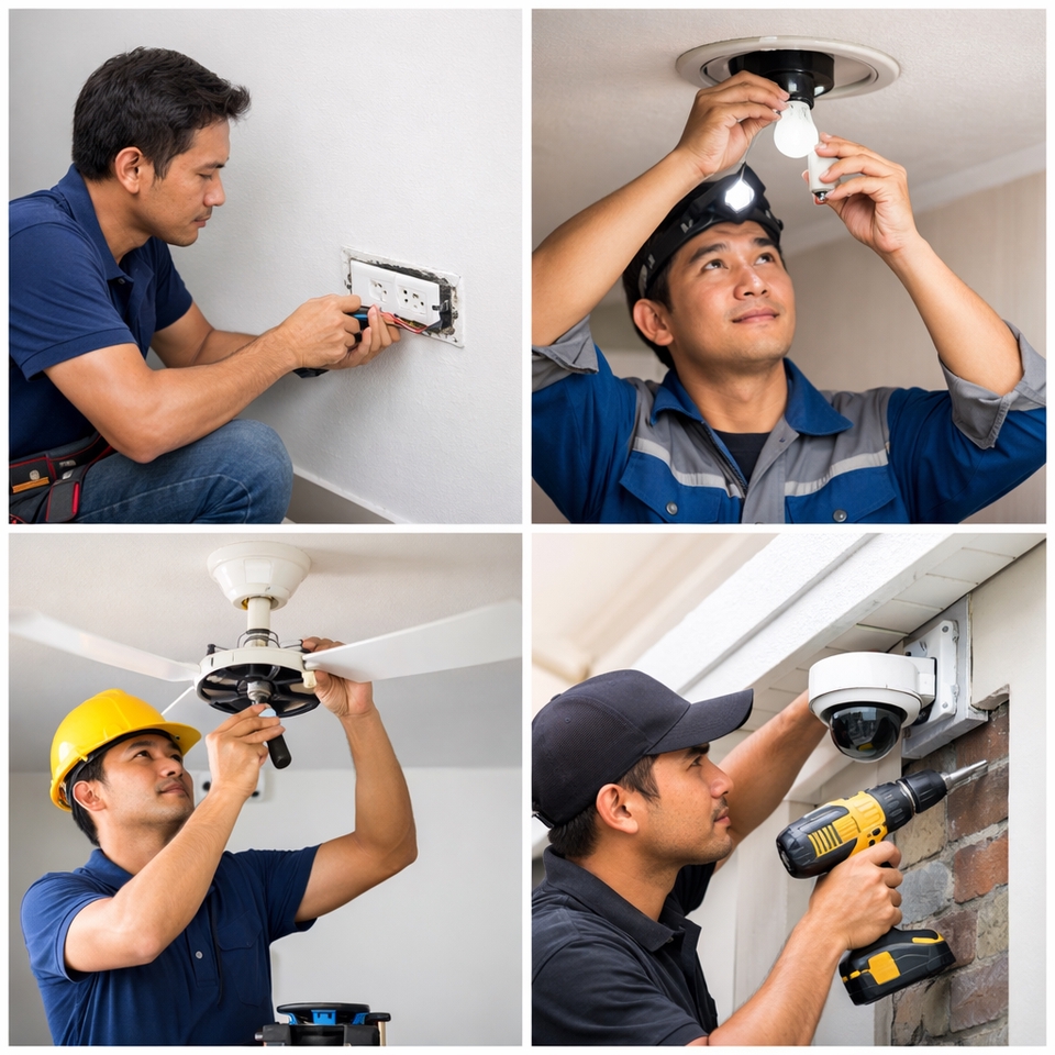 หาช่างไฟฟ้า หาช่างไฟฟ้าภายในบ้าน แก้ไขระบบไฟฟ้า ติดตั้งปลั๊กไฟ เปลี่ยนหลอดไฟ ติดตั้งพัดลมเพดาน และติดตั้งกล้องวงจรปิด ช่างไฟฟ้ารับเดินสายไฟในบ้าน บริการงานช่างไฟฟ้ารายวันในกรุงเทพฯ ปทุมธานี เชียงใหม่ นนทบุรี ชลบุรี สมุทรปราการ ขอนแก่น ภูเก็ต โคราช