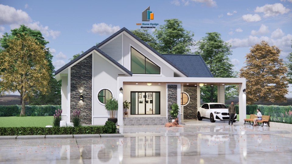 เขียนแบบวิศวกรรมและออกแบบโครงสร้าง - แบบบ้านชั้นเดียว สไตน์ นอร์ดิก+โมเดิร์น ขนาด 3 ห้องนอน 2 ห้องน้ำ 2 ที่จอดรถ (แบบสำเร็จรูป) - 4