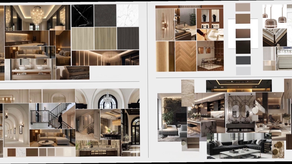 Moodboard&material boardสไตล์ modern luxury โทนครีม-น้ำตาลพร้อมreferenceและโทนสีสำหรับงานออกแบบภายใน