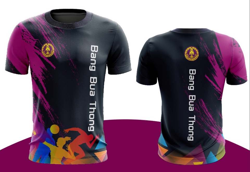 รับสกรีนเสื้อกีฬาสีชมพูดำลายสวย Bang Bua Thong