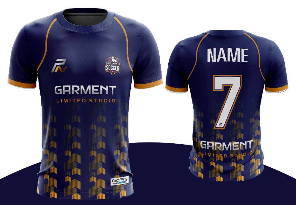 รับสกรีนเสื้อกีฬาฟุตบอล ดีไซน์สวย สีน้ำเงินทอง