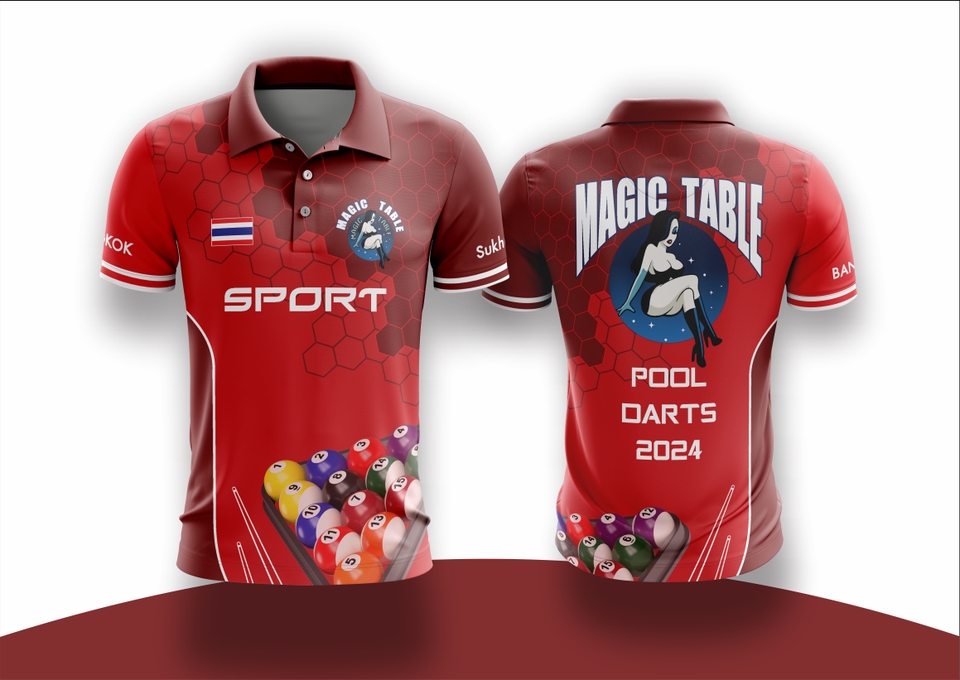 รับสกรีนเสื้อโปโลกีฬาพิมพ์ลายบิลเลียดและปาเป้า