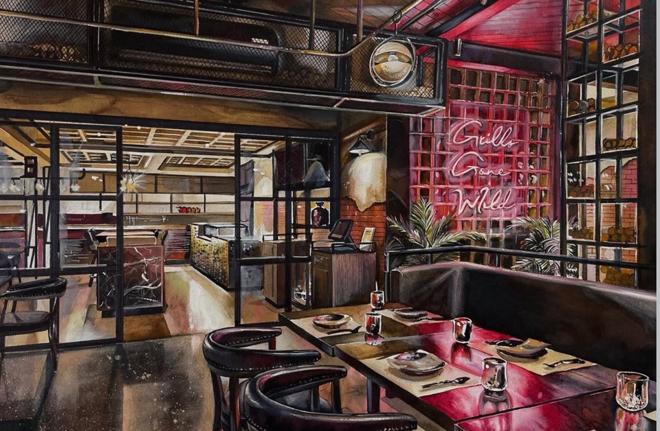 วาดภาพประกอบร้านอาหารสไตล์โมเดิร์น Grillo Game Wild