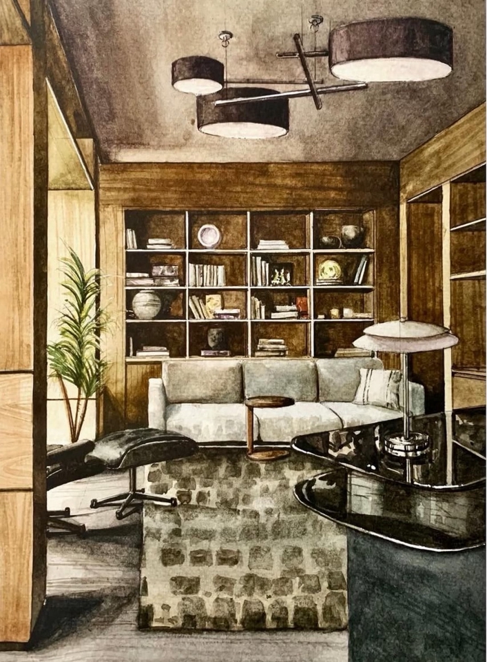 วาดภาพประกอบห้องนั่งเล่นหรูหรา ตกแต่งสวยงาม