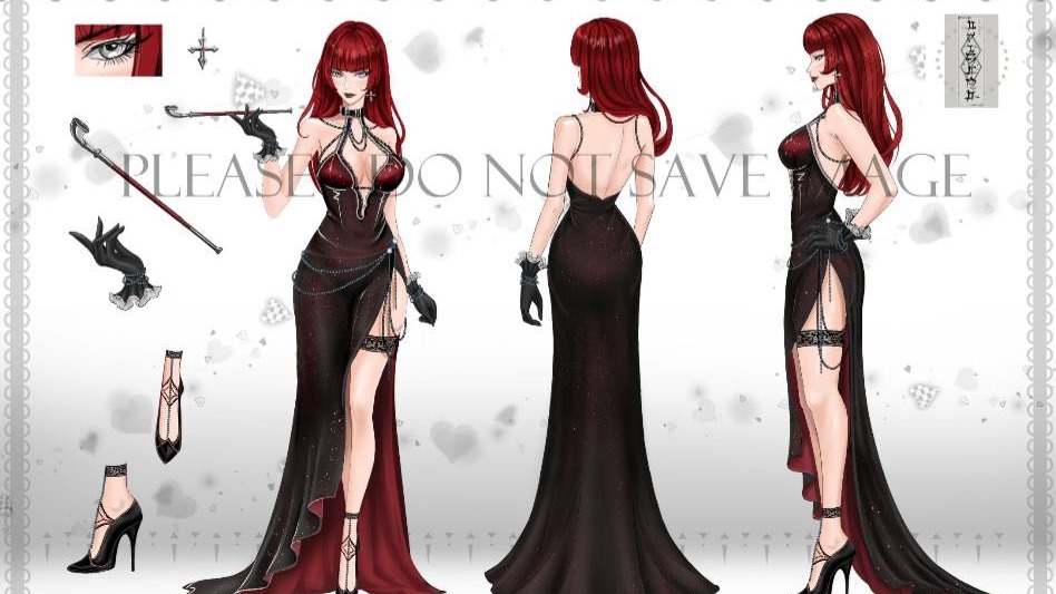 ออกแบบตัวละครหญิง ผมแดง ชุดราตรี สไตล์โกธิค คาแรคเตอร์ดีไซน์