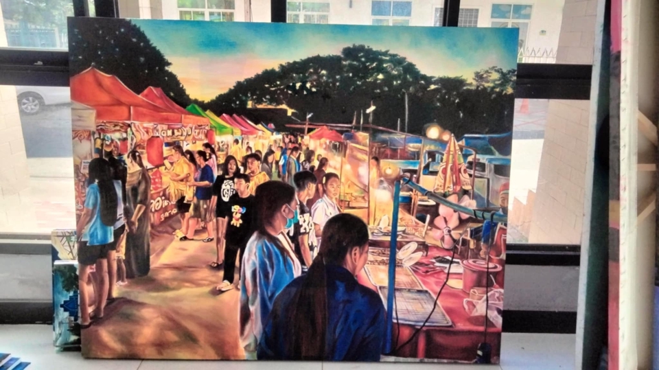 รับวาดภาพเหมือนสีน้ำมัน ภาพวาดตลาดกลางคืน